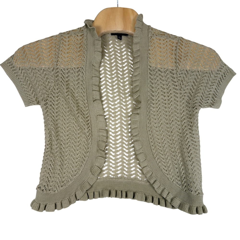 Vintage Notations Pointelle Ruffle Trim Short Sleeve Beige Shrug Bolero Size L